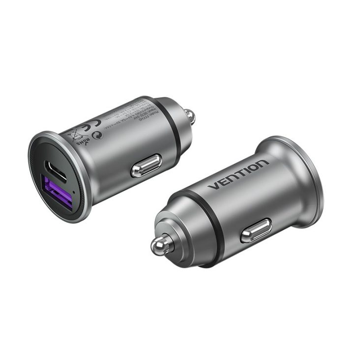 Vention Caricabatterie auto a due porte USB A+A(30+30) grigio stile mini lega di alluminio
